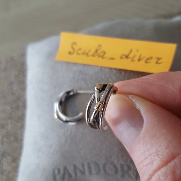 RARE Pandora Two-Tone 925 Silver 14K Gold Crossover Rope Hoop Huggie Earrings - Picture 9 of 12